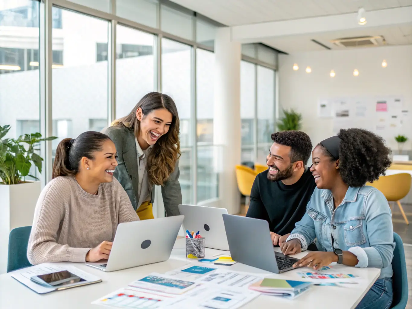 A professional team of digital marketers brainstorming in a modern office setting, surrounded by laptops and strategy boards, symbolizing Alwafaa Group's collaborative approach to SME solutions.